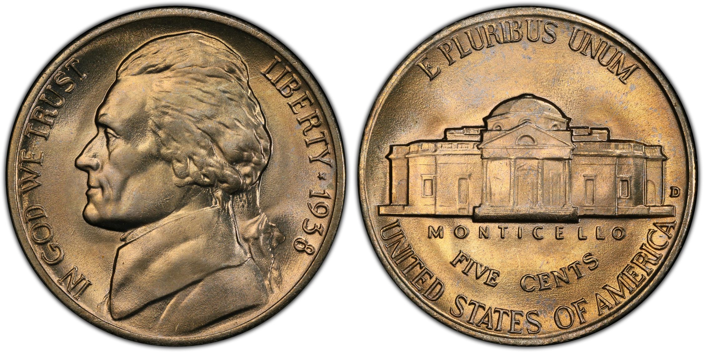 Close-up of rare Buffalo nickels and Shield nickels